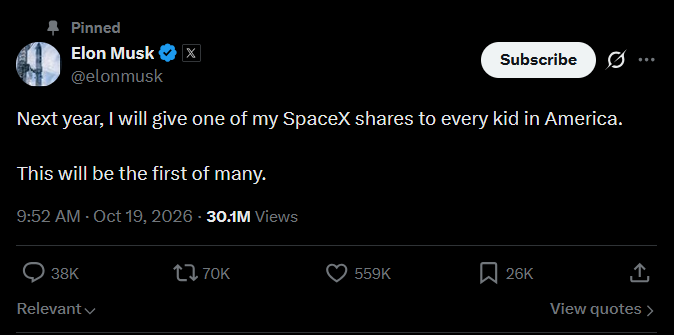 Elon Musks Antwort lie&szlig; nicht lange auf sich warten: "N&auml;chstes Jahr werde ich jedem Kind in Amerika eine meiner SpaceX-Aktien schenken. Das wird die erste von vielen."