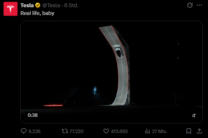 Tesla postete in der Nacht auf Freitag ein Video, das den neuen Tesla Roadster zeigt, wie er einen Halb-Looping fährt, ohne von der Rampe zu fallen. Am Ende hebt das Auto ab.