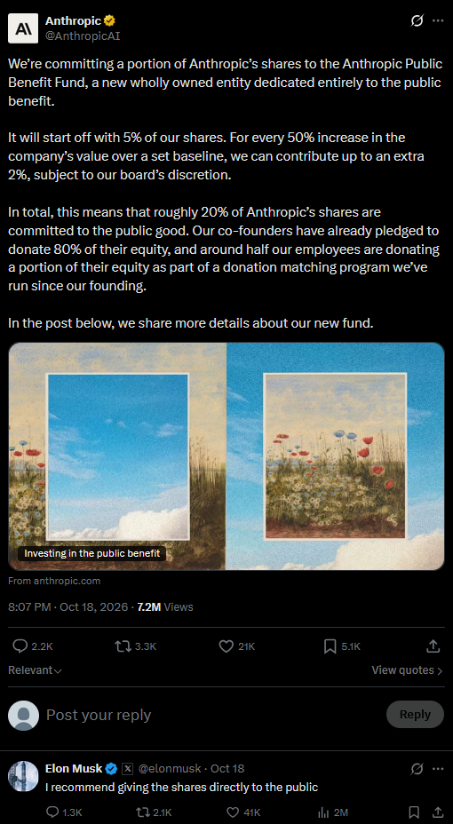 Anthropic k&uuml;ndigte am Sonntag an, bis zu 20 Prozent der eigenen Aktien f&uuml;r den guten Zweck zu spenden. Elon Musk reagierte prompt und k&uuml;ndigte sp&auml;ter eine eigene Aktion an.