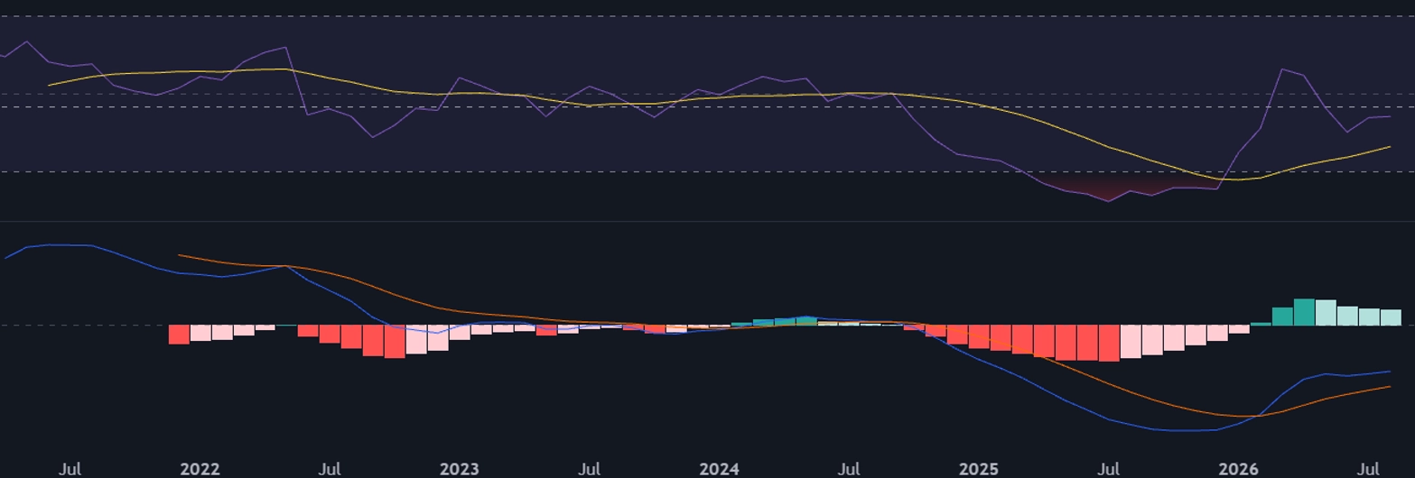 RSI und MACD der Dow-Aktie im Monatschart deuten auf ein sich verbesserndes Momentum hin