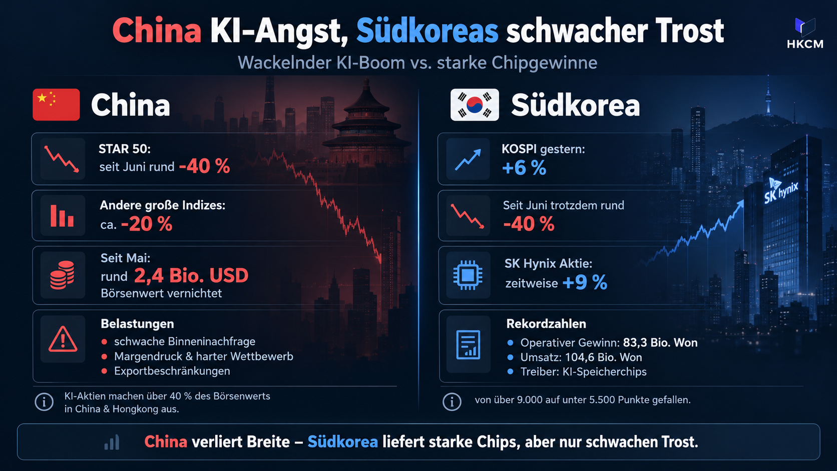 Harte Zeiten für Asiens KI-Sektor. Der chinesische Tech-Index STAR 50 und der südkoreanische KOSPI (dominiert von den Chip-Giganten Samsung und SK Hynix) stürzten seit Sommer ab. In Südkorea keimt wieder leichte Hoffnung.
