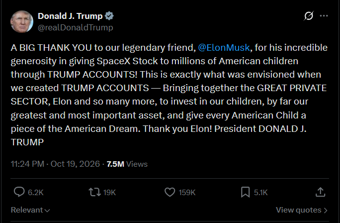 Pure N&auml;chstenliebe oder strategischer Schachzug? Elon Musks Spende wurde direkt von Donald Trump honoriert: "Ein GROSSES DANKESCH&Ouml;N an unseren legend&auml;ren Freund". Nach Michael Dells Spende warb Trump f&uuml;r dessen Computer.